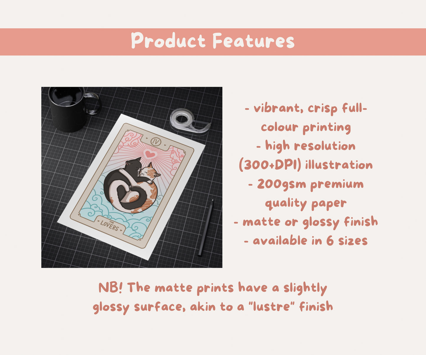 The Lovers Cat Tarot Card Unframed Prints | Witchy Kitty Wall Art