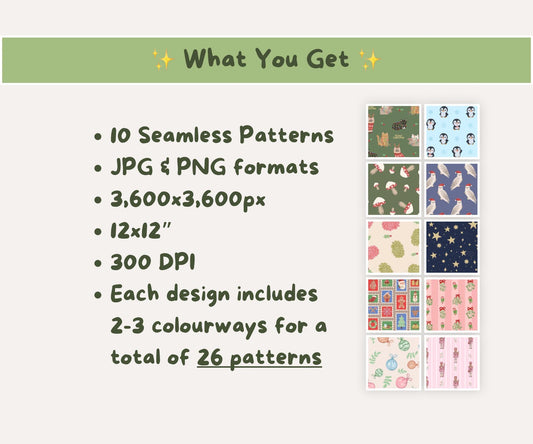 Cottagecore Christmas Seamless Pattern Bundle | 10 Cosy Woodland Holiday Patterns