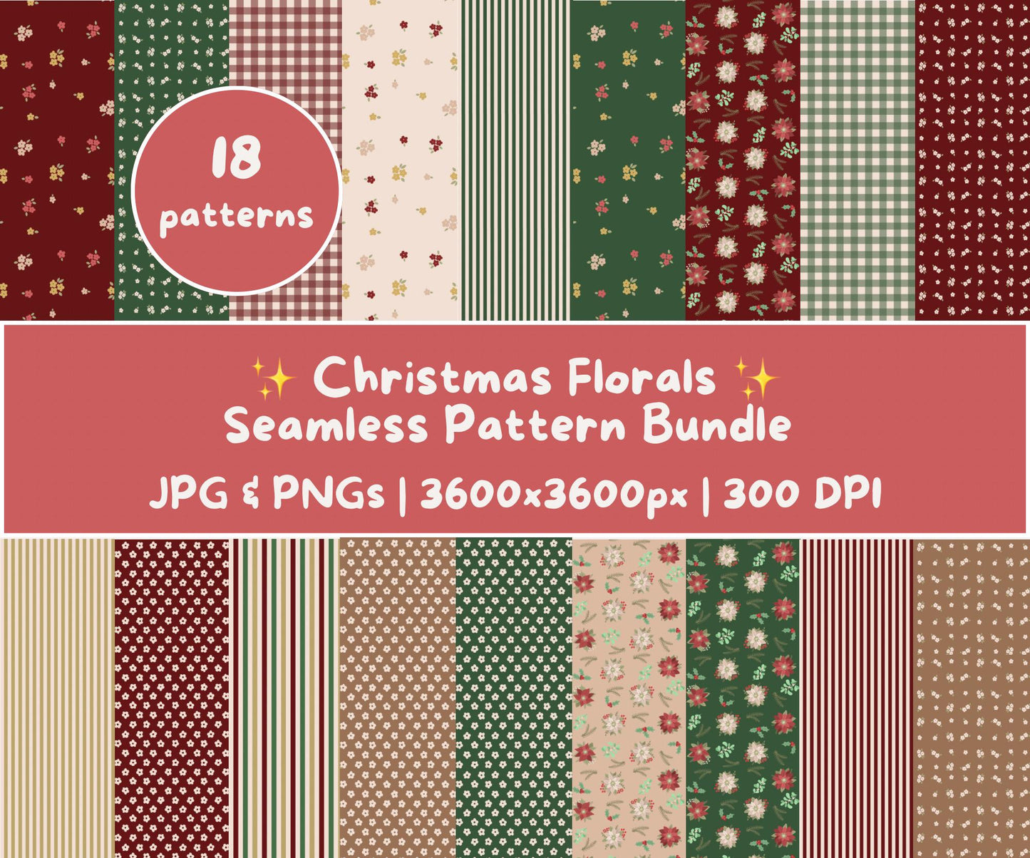 Christmas Florals Seamless Pattern Bundle | 18 Festive Digital Papers