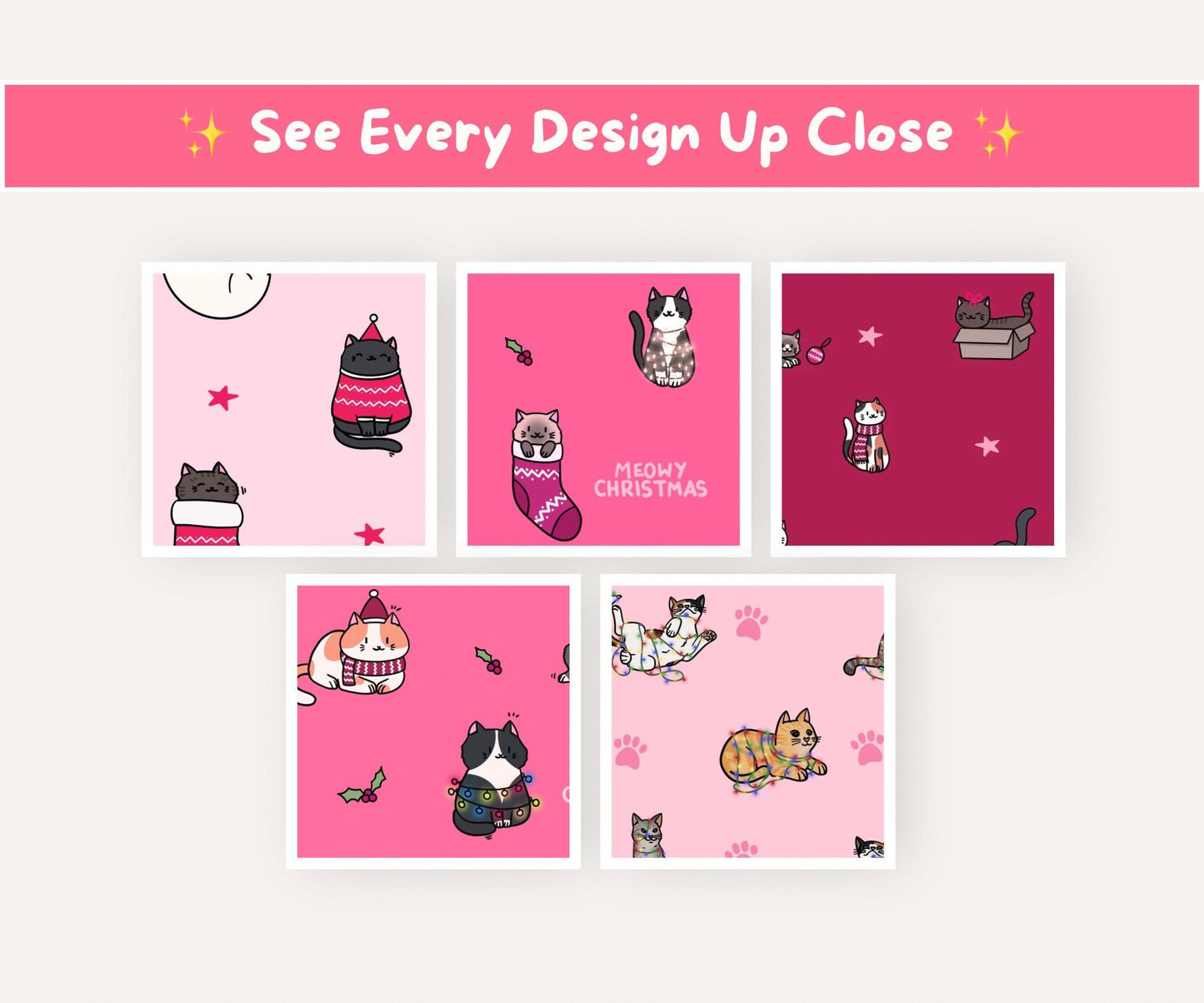Pink Festive Felines Seamless Pattern Bundle | Pink Christmas Cats