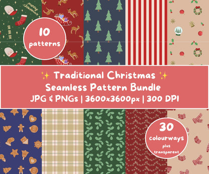 Traditional Christmas Seamless Pattern Bundle | 10 Festive Digital Papers