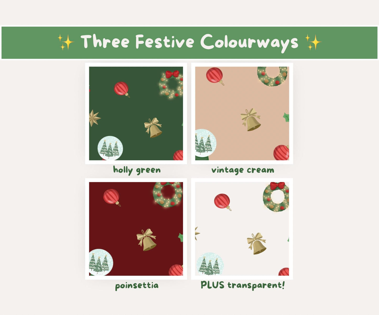 Christmas Ornaments Seamless Pattern | Baubles, Wreaths & Snow Globes