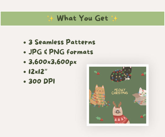 Cottagecore Christmas Cat Seamless Pattern | Cosy Cats & Colourful String Lights