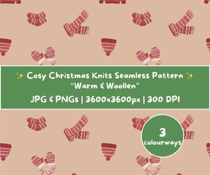 Warm & Woollen Christmas Seamless Pattern | Cozy Knitted Sweaters, Hats and Scarves