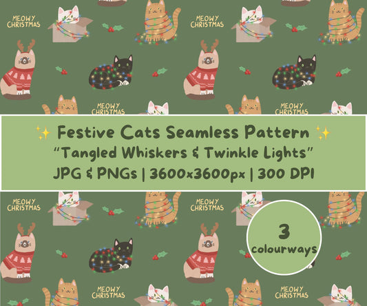 Cottagecore Christmas Cat Seamless Pattern | Cosy Cats & Colourful String Lights