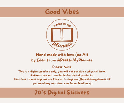 Good Vibes | Retro 70s Inspired Sticker Set | 28x PNGs & Printable PDF Sticker Sheet