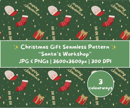 Santa’s Workshop Seamless Pattern | Santa, Stockings & Gifts