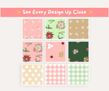 Pastel Christmas Florals Seamless Pattern Bundle | 19 Festive Digital Papers