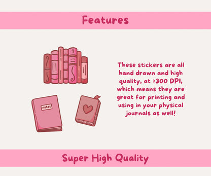Pink Aesthetic Bookish & Coffee Digital Stickers | 15 Transparent Sticker PNGs