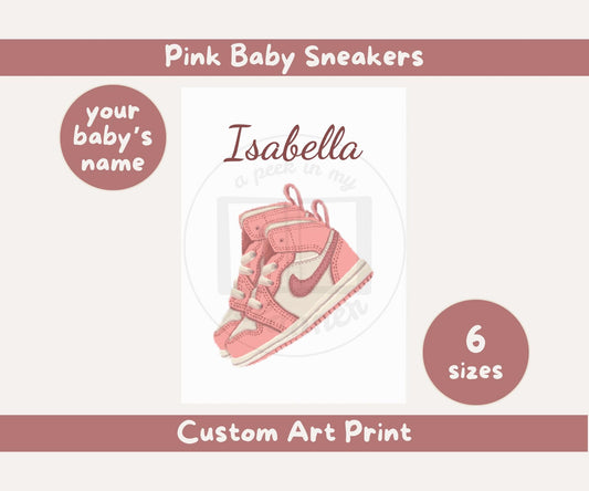 Personalised Pink Baby Sneakers Art Print | Custom Baby Name Nursery Wall Art