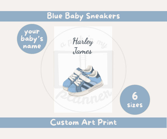 Personalised Blue Baby Sneakers Art Print | Custom Baby Name Nursery Wall Art