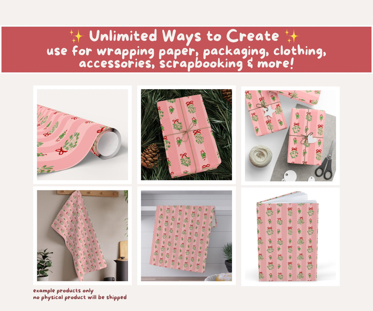 Mistletoe & Candy Cane Seamless Pattern | Candy Cane Kisses