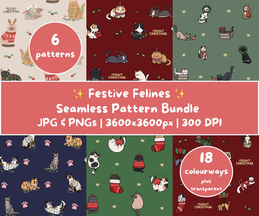 Festive Felines Seamless Pattern Bundle | 24 Patterns | Christmas Cats