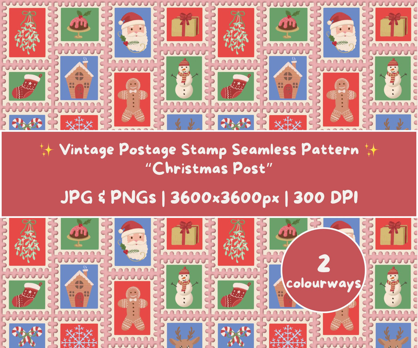 Vintage Postage Stamp Christmas Seamless Pattern | Classic Holiday Icons