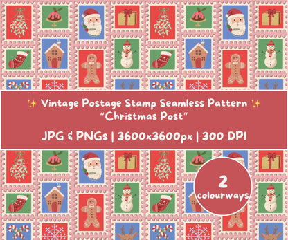 Vintage Postage Stamp Christmas Seamless Pattern | Classic Holiday Icons