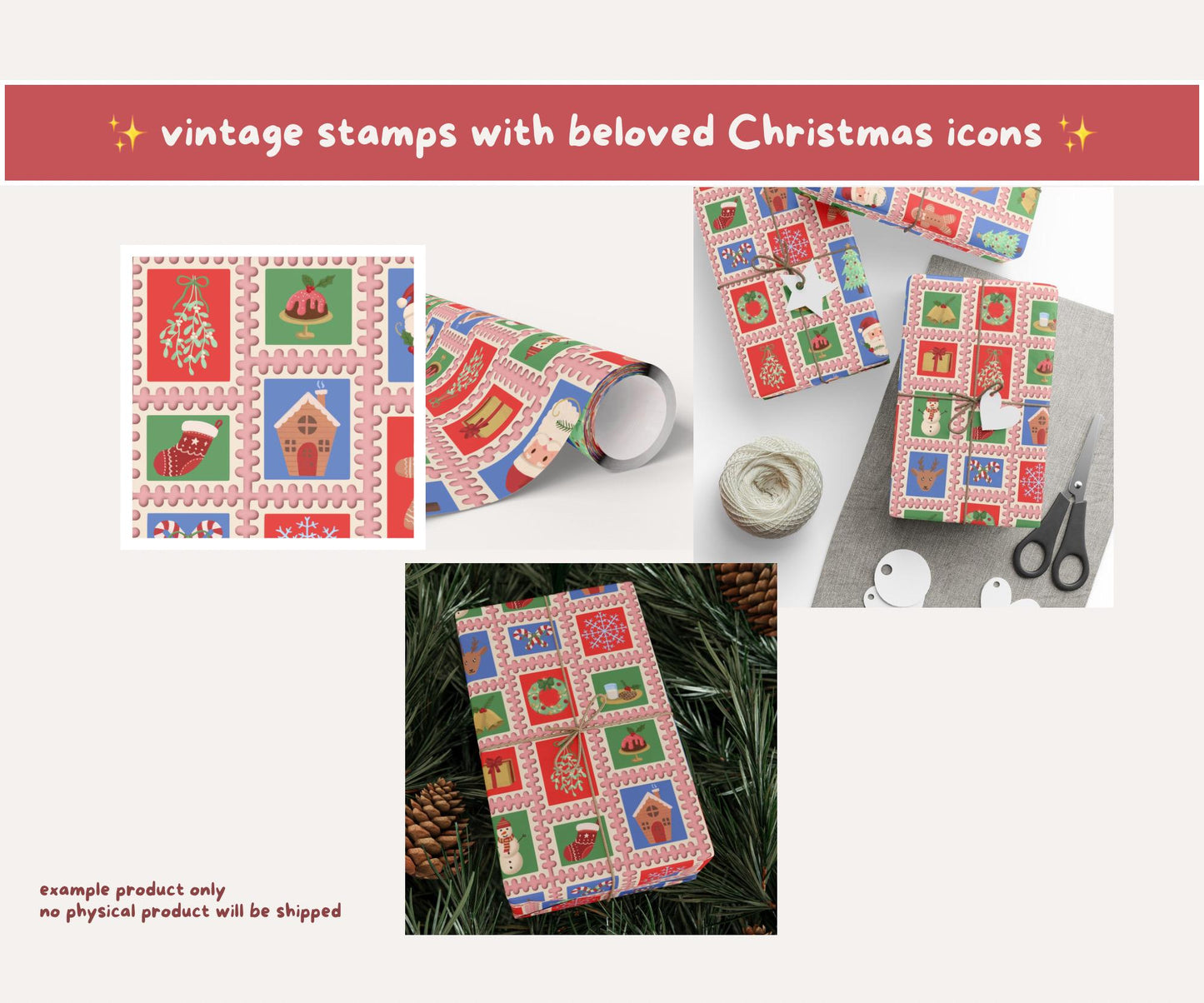 Vintage Postage Stamp Christmas Seamless Pattern | Classic Holiday Icons