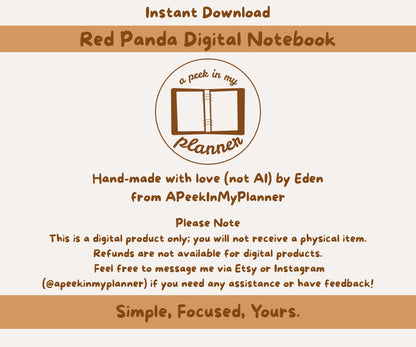 Red Panda Digital Notebook | PDF, 12 Sections, 28 Templates, 45 Free Stickers