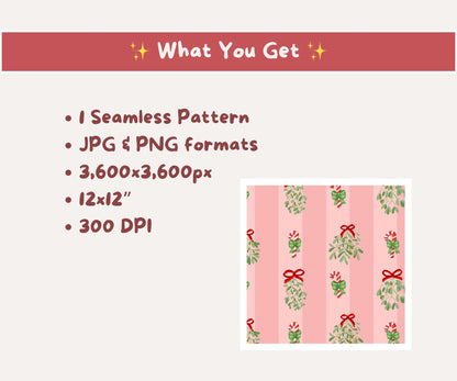 Mistletoe & Candy Cane Seamless Pattern | Candy Cane Kisses