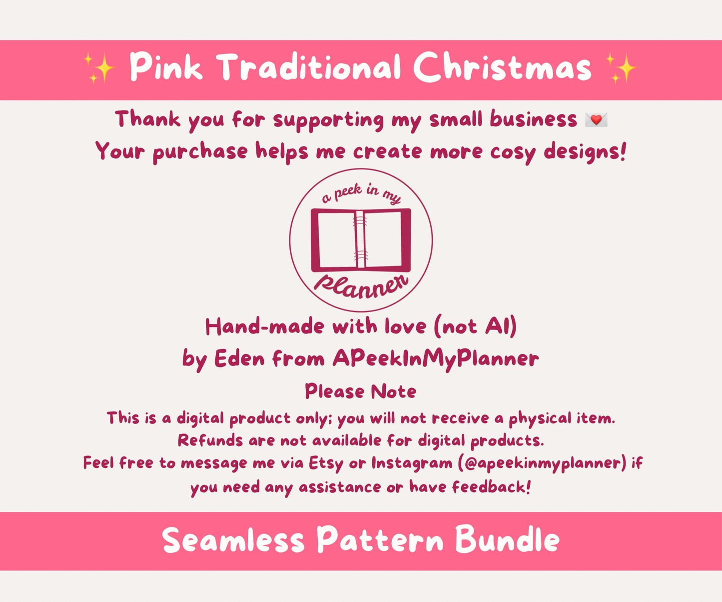 Pink Traditional Christmas Seamless Pattern Bundle | 10 Cosy Pink Classic Holiday Icons