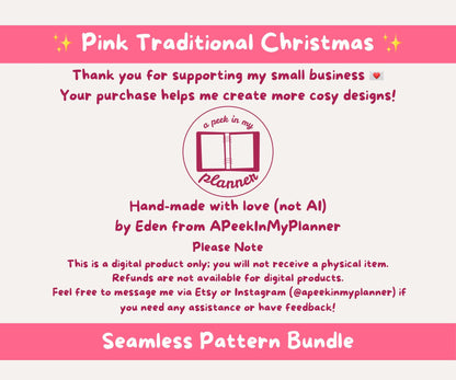 Pink Traditional Christmas Seamless Pattern Bundle | 10 Cosy Pink Classic Holiday Icons