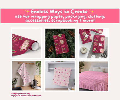 Pink Christmas Florals Seamless Pattern Bundle | 18 Pink Festive Floral Patterns