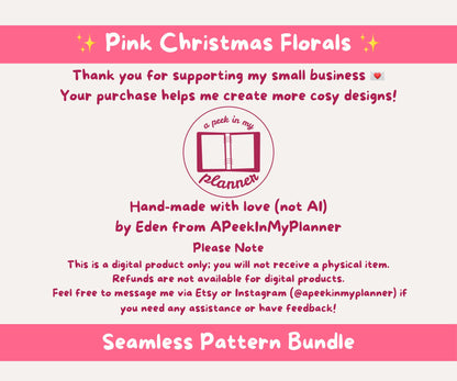 Pink Christmas Florals Seamless Pattern Bundle | 18 Pink Festive Floral Patterns