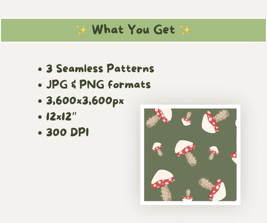 Cottagecore Christmas Mushroom Seamless Pattern | Toadstools & String Lights