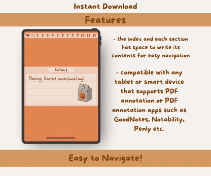 Red Panda Digital Notebook | PDF, 12 Sections, 28 Templates, 45 Free Stickers