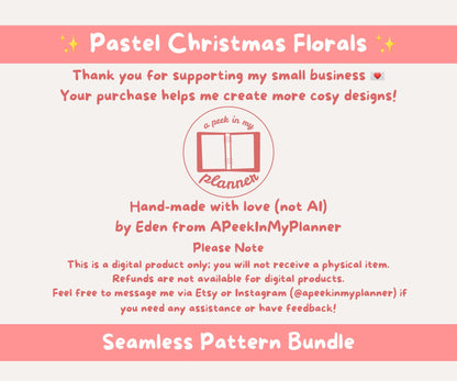 Pastel Christmas Florals Seamless Pattern Bundle | 19 Festive Digital Papers
