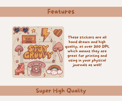 Good Vibes | Retro 70s Inspired Sticker Set | 28x PNGs & Printable PDF Sticker Sheet